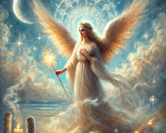 A painterly depiction of an angelic guide surrounded by soft light and celestial elements. The angel, with shimmering wings, floats peacefully in a mystical environment. The scene features symbols of ancient spiritual practices, including glowing crystals and burning sage, under a starry sky with a crescent moon.