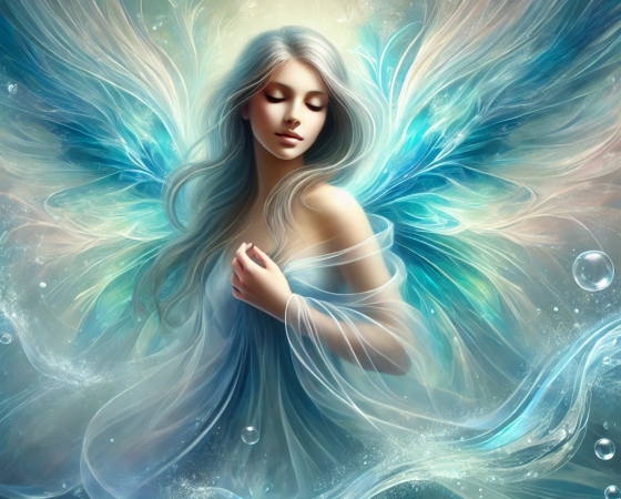 A serene water angel with flowing blue and turquoise wings, surrounded by gentle waves and mist. The angel has a calm expression, embodying peace, healing, and the fluid essence of water.